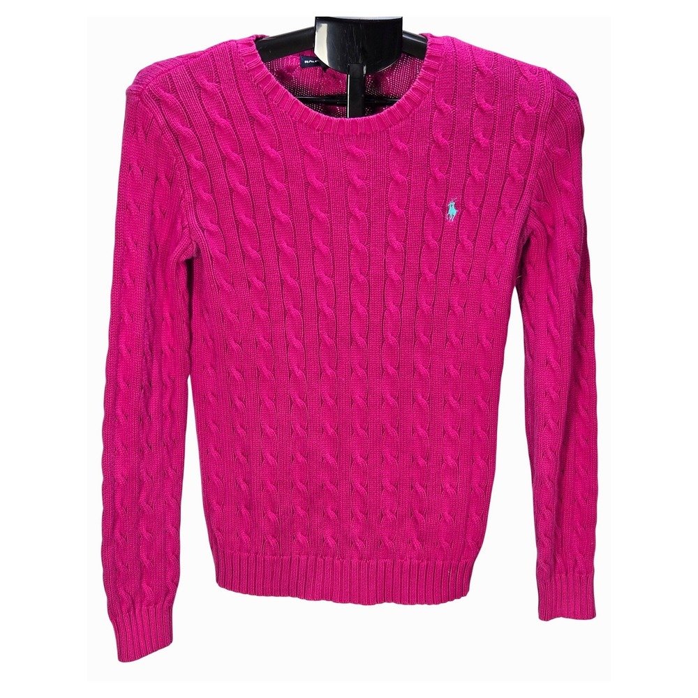 Women's Ralph Lauren Medium Pink Cable Knit Cotton Crewneck Sweater Heritage